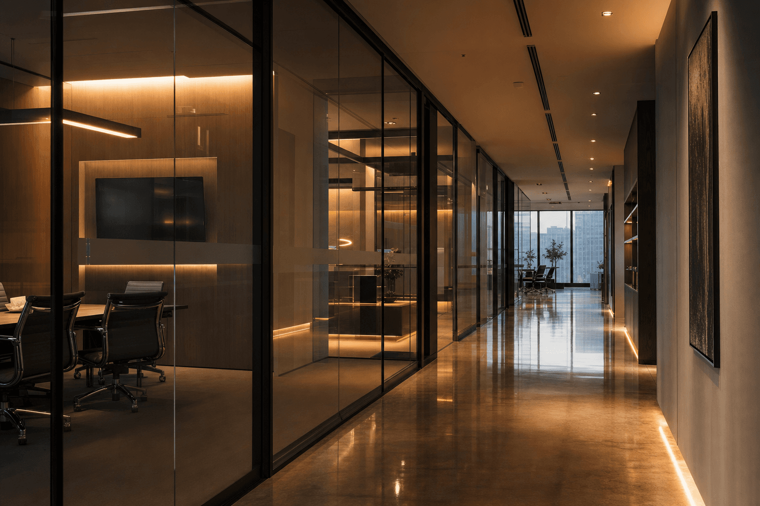Modern office hallway with glass meeting rooms and warm lighting