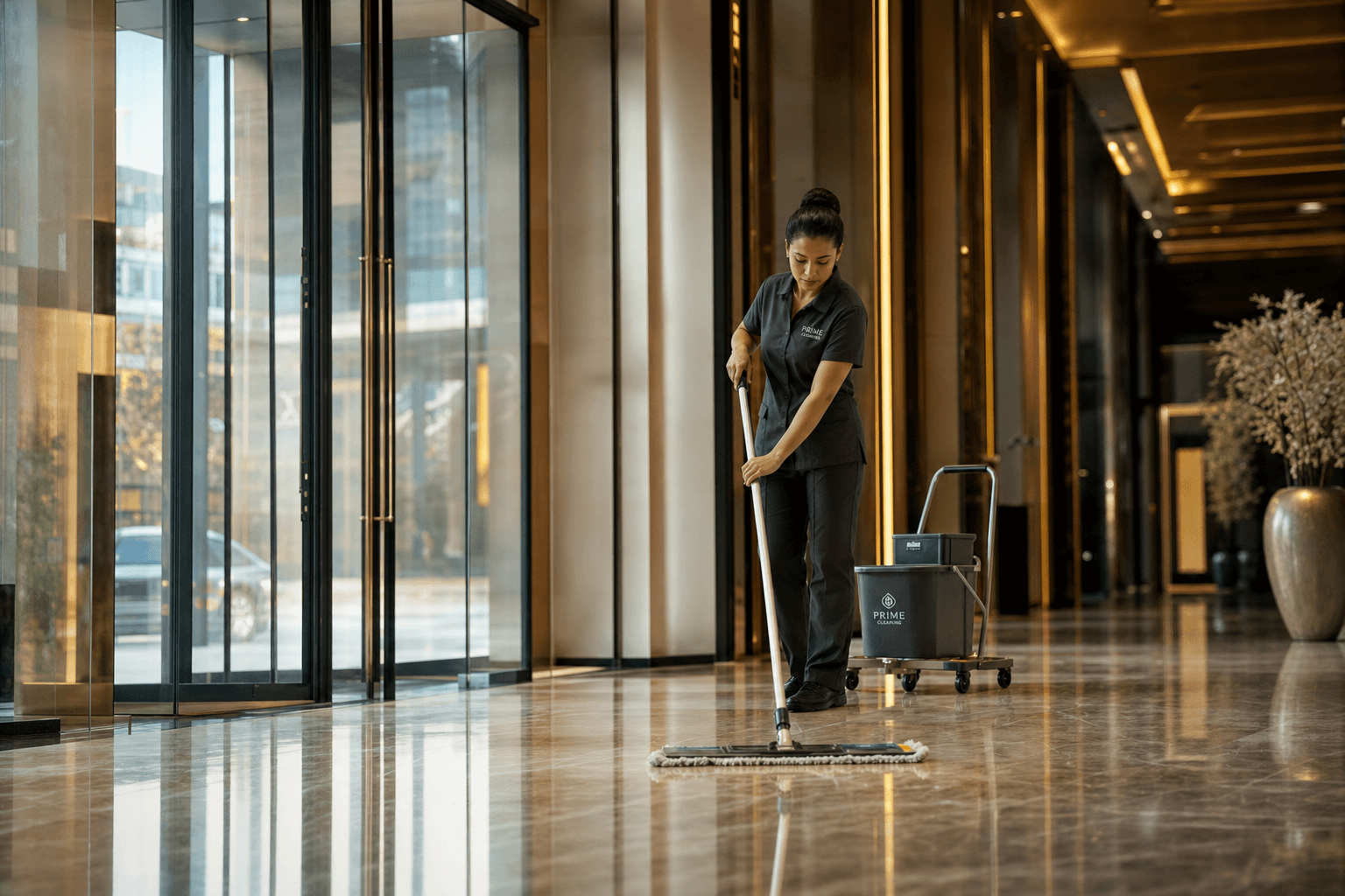 Professional cleaner mopping a commercial office lobby entrance