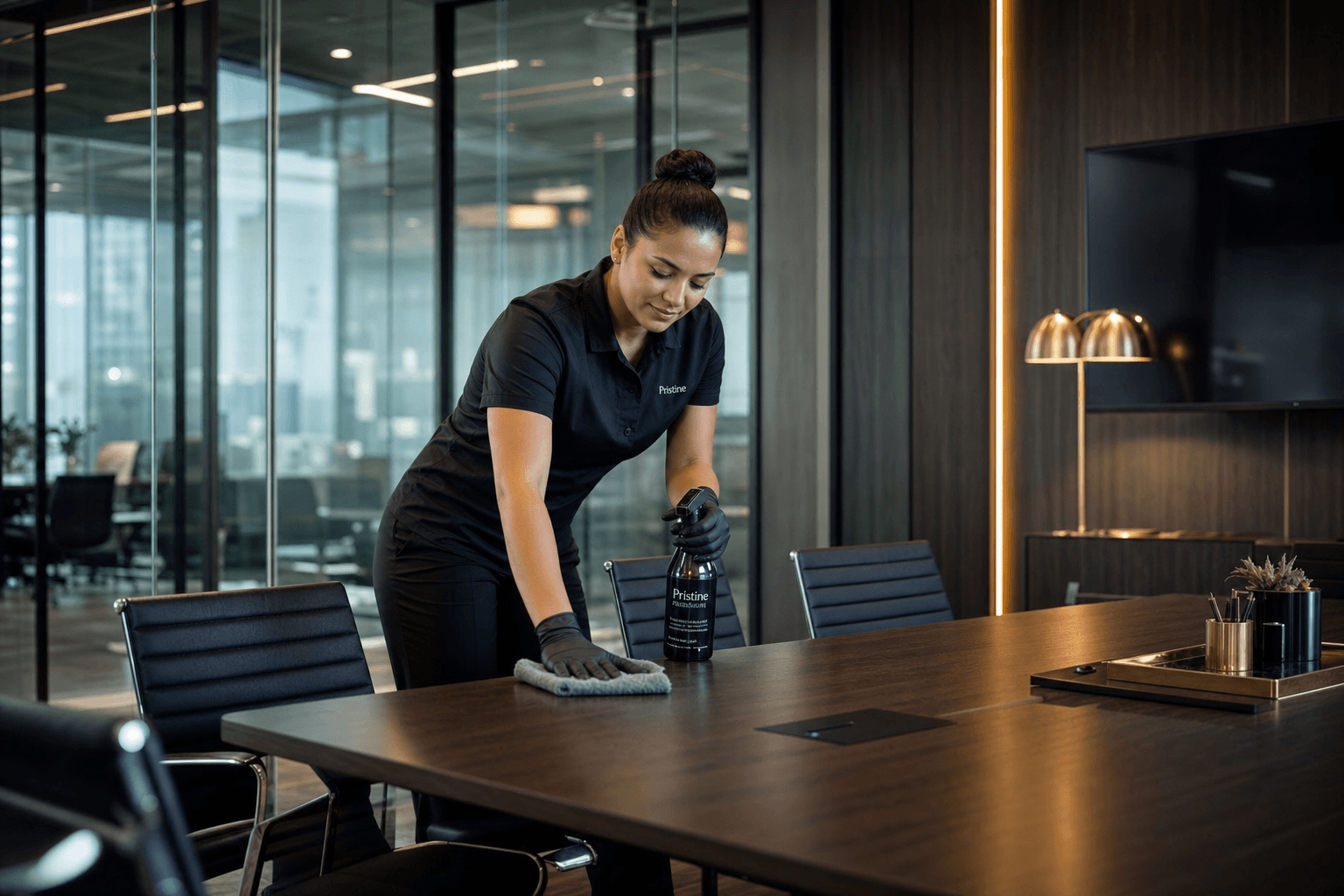 Professional cleaner wiping a conference room table in a corporate office