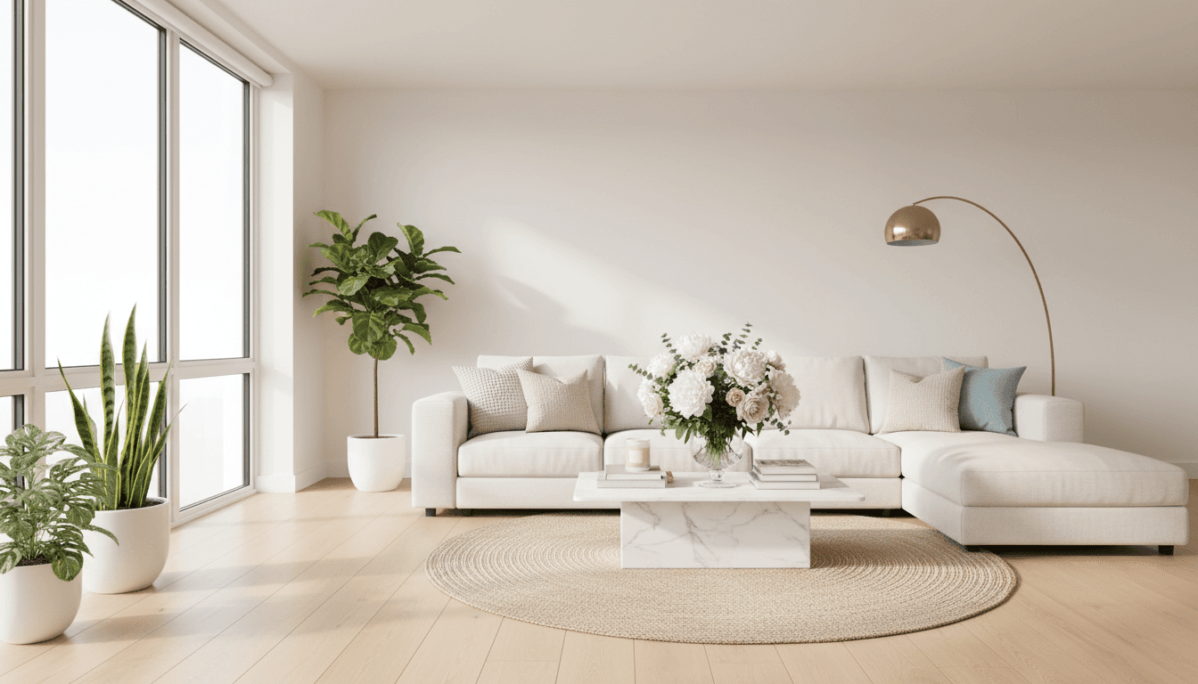 Bright living room with fresh flowers and natural light