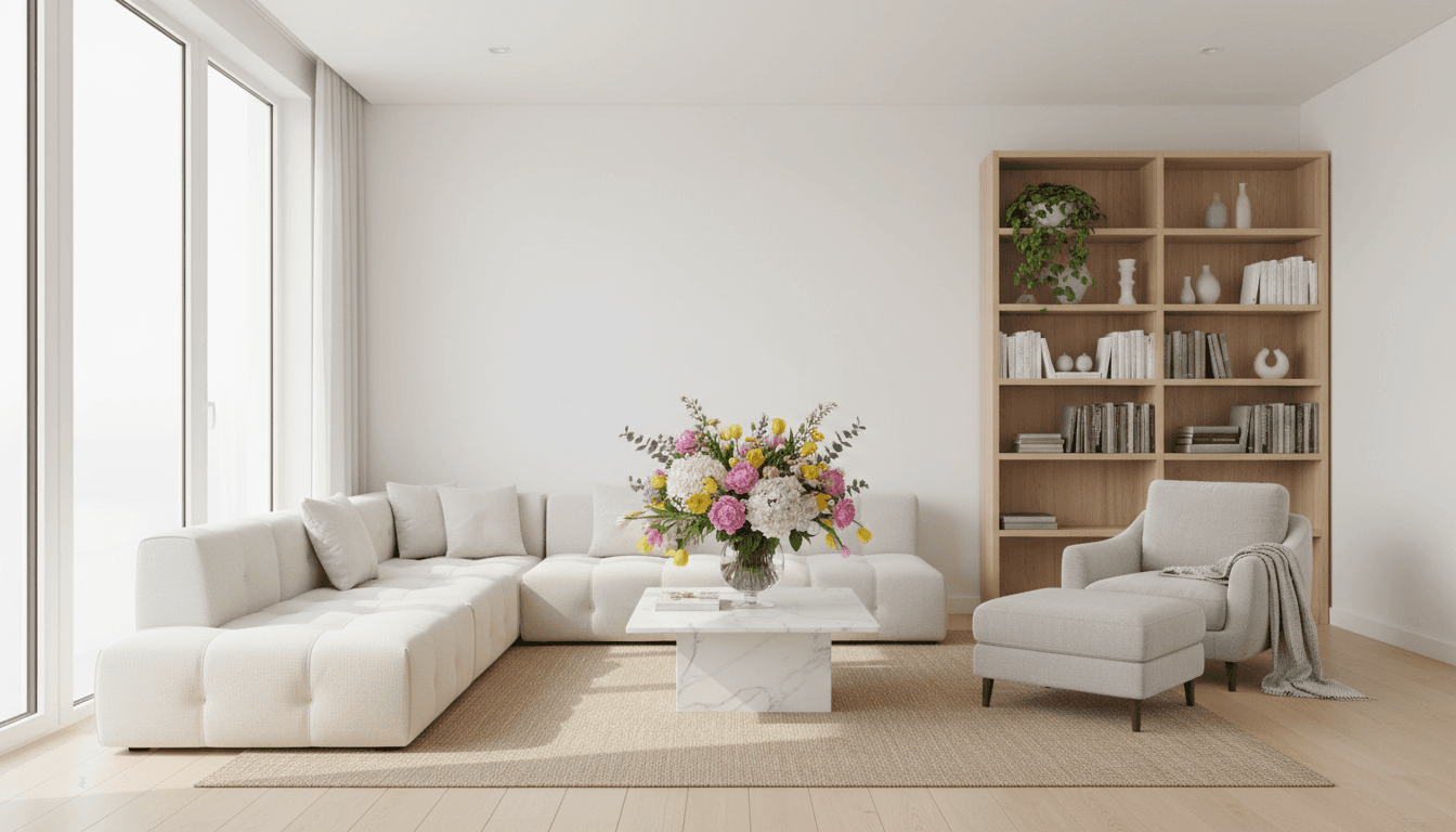 Bright clean living room with fresh flowers and natural light