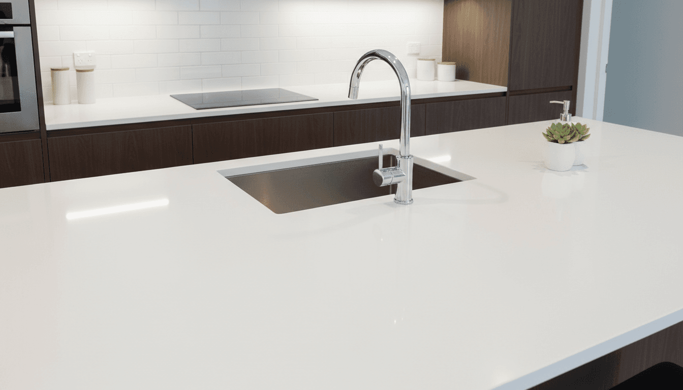Bright clean kitchen with gleaming sink and polished countertops