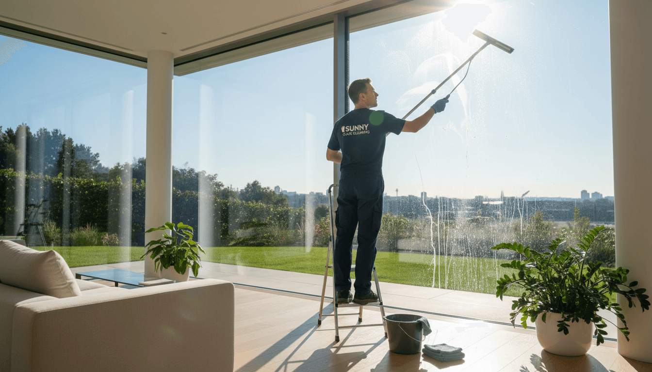 Professional cleaner wiping interior windows