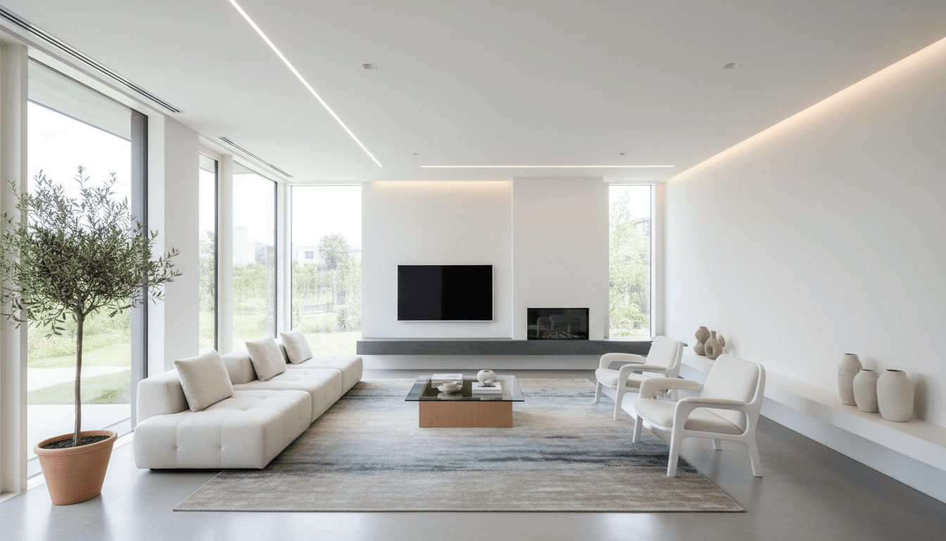Bright modern living room with natural light and clean surfaces