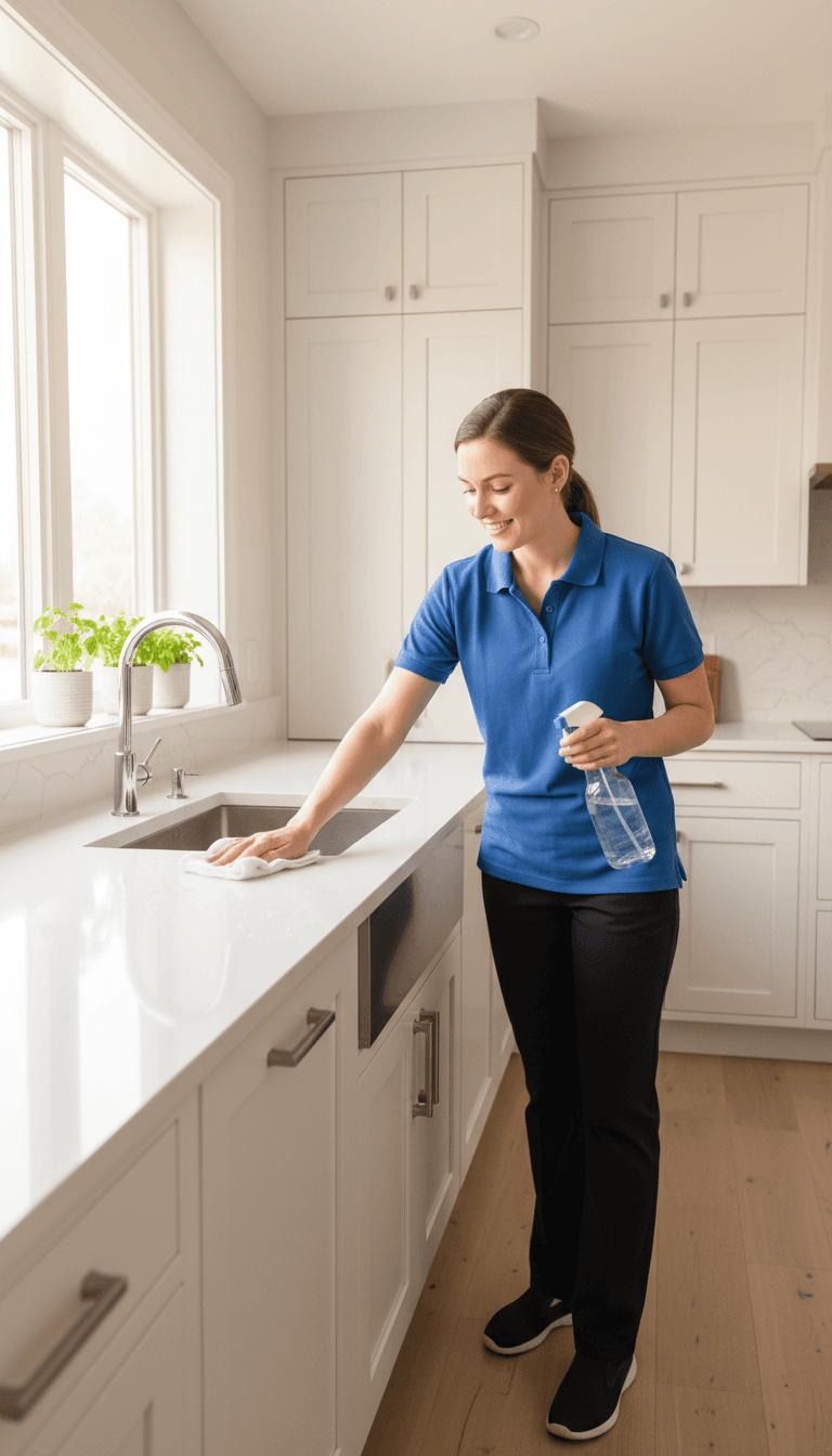 Professional cleaner spraying and wiping a kitchen counter in a bright Memphis home