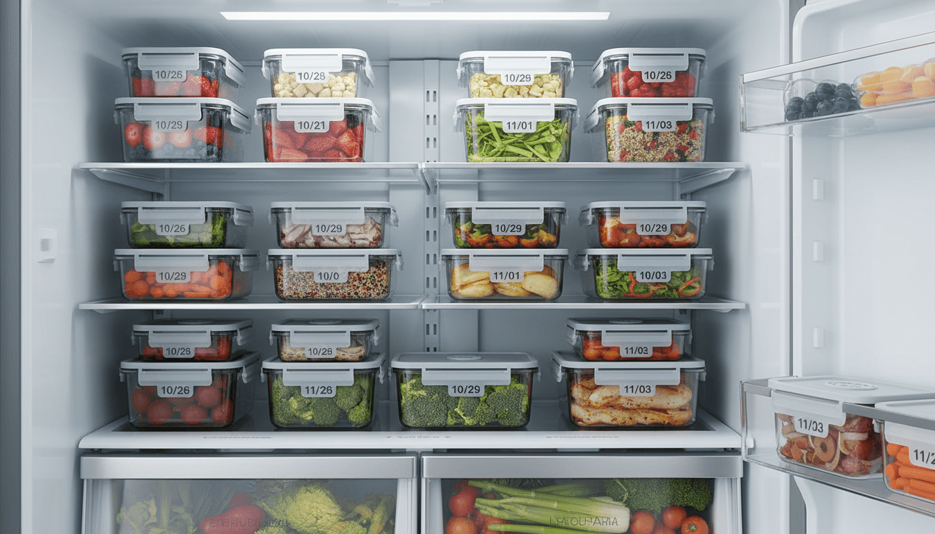 Clean organized refrigerator interior with neatly arranged items